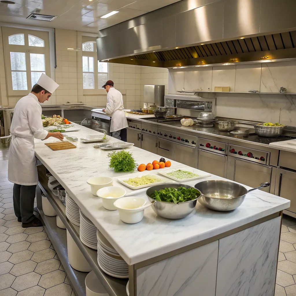 Professional kitchen setup in a French cooking school